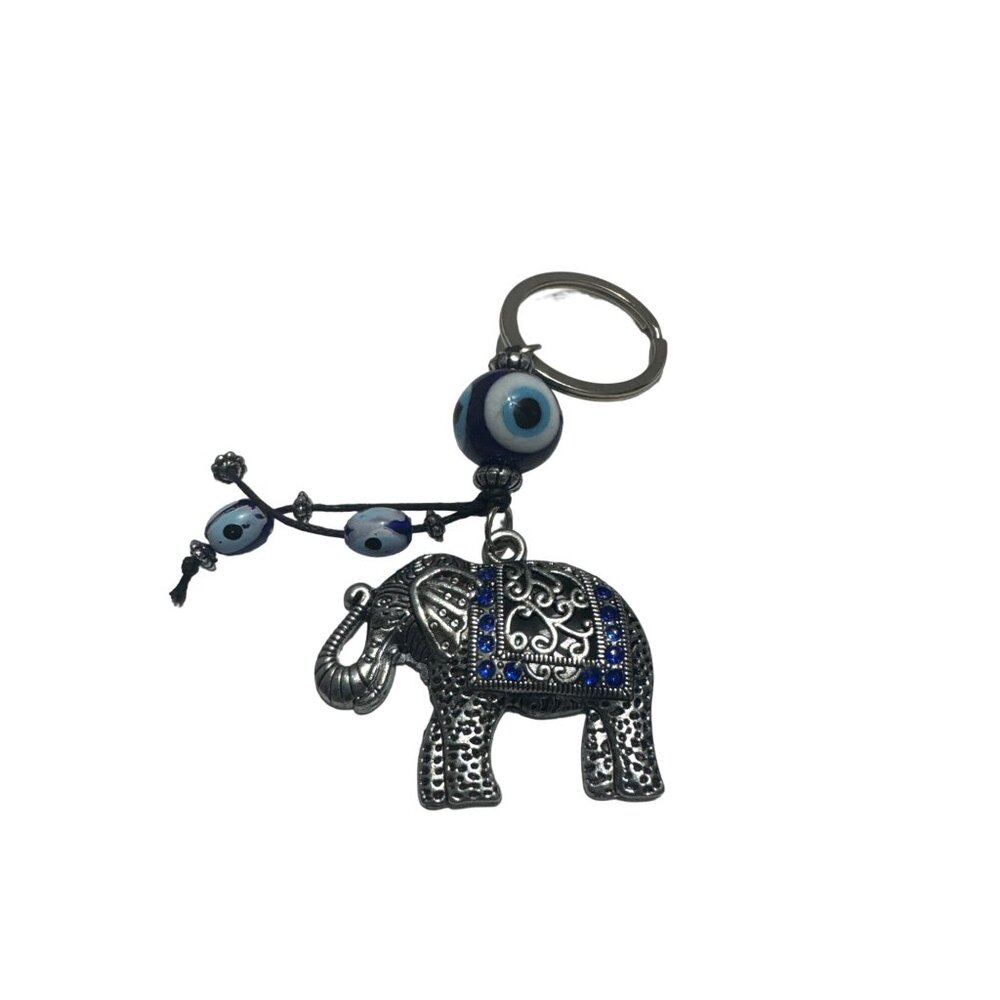 Elephant Evil Eye Protection Keychain Silver and Blue